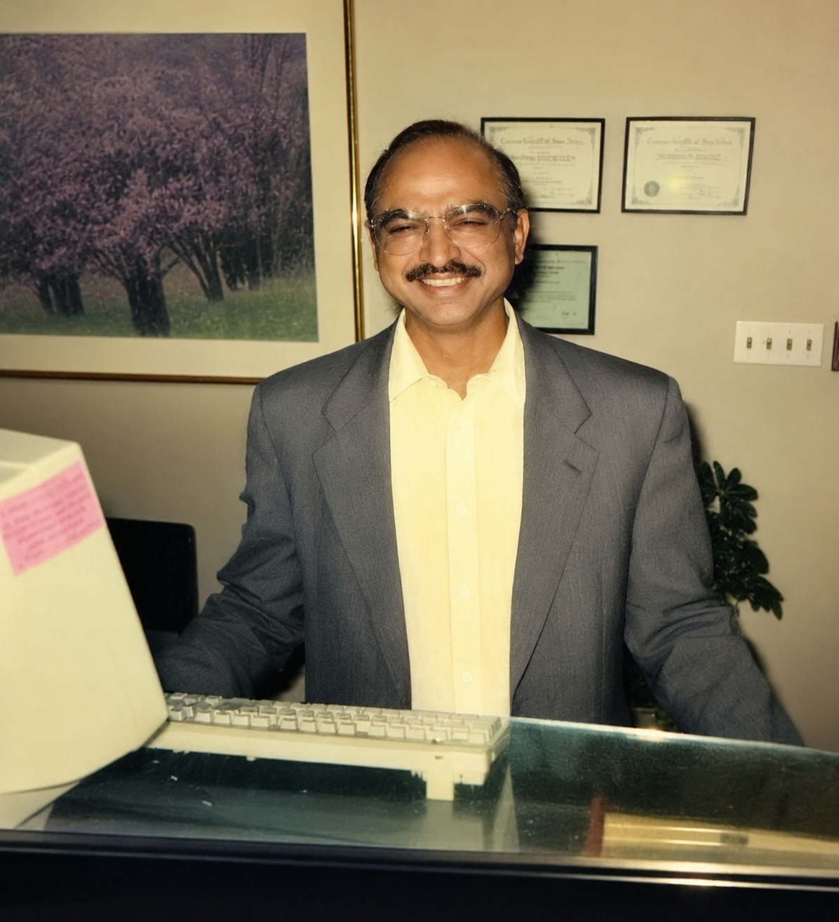 Manish Patel behind the front desk of the family's first hotel
